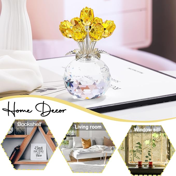 Arikyrist Crystal Yellow Rose Bouquet Figurine with Round Vase Gifts for Her, Glass Rose Flower Romantic Keepsakes for Women Mom on Christmas, Collectible Decoration Table Centerpiece for Home