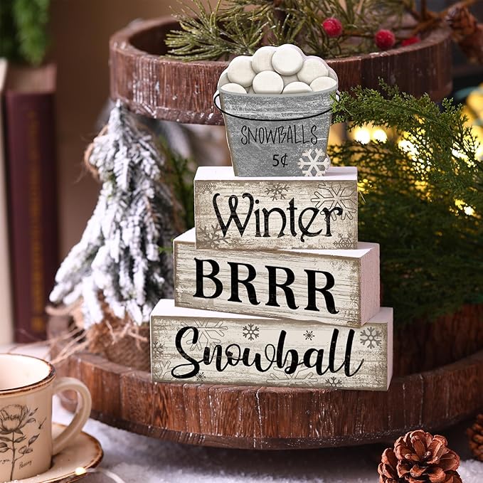 Moucuny 4 Pcs Winter Table Decorations Winter Tiered Tray Decor Christmas Table Centerpiece Rustic Decorative Snowball Snow Bucket Block Sign Farmhouse Christmas Decorations for Home Kitchen Shelf