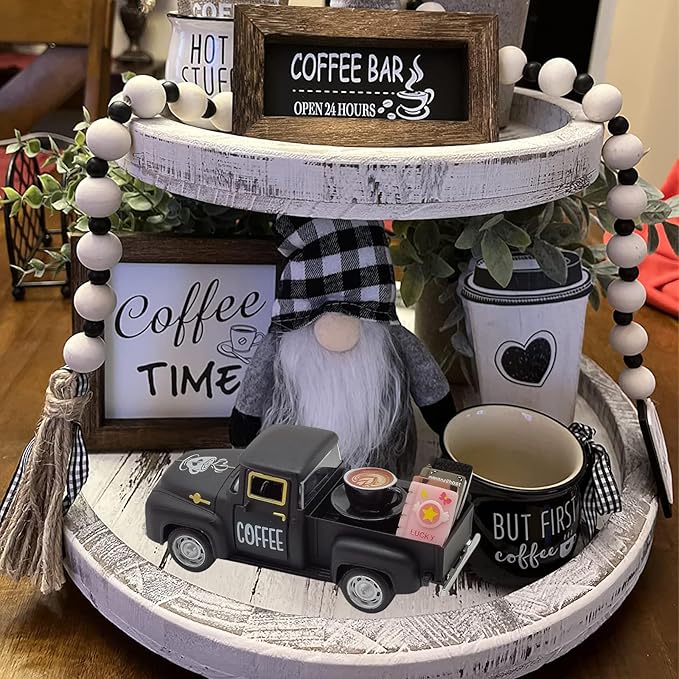Coffee Bar Decor Vintage Mini Metal Pickup Truck Decor with Book Accessories for Coffee Station, Farmhouse Tiered Tray Tabletop Decorations for Home Kitchen, Office, Cafe