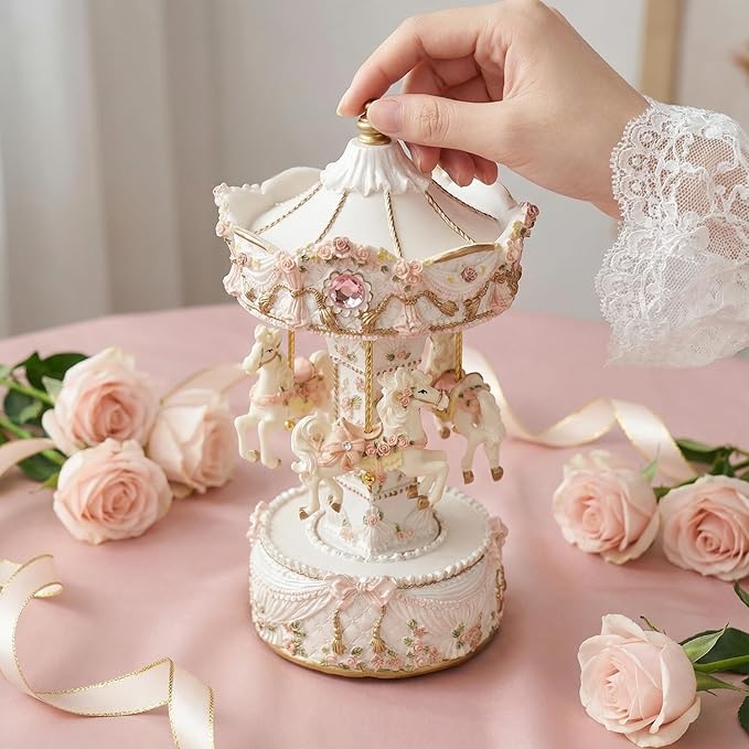 Vintage Carousel Music Box - Rotating Horse Musical Figurine with Rose Floral Design, Ideal Birthday, Christmas, Valentine's Day Gift for Girls, Women, Girlfriend, Mom Home Décor & Gift (Pearl White)