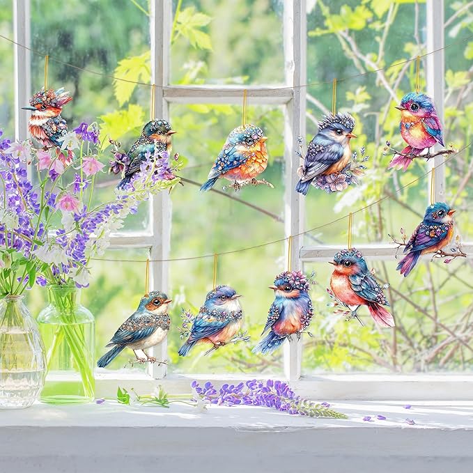 Hummingbird Window Hangings Ornament- 10Pcs Acrylic Bird Sun Catcher Decor, Art SunCatcher Tree Pendant for Gifts Indoor Outdoor Home Wall Living Room Spring Summer Garden Decoration