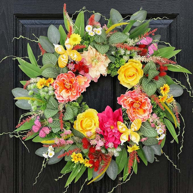 ChrisXiao Spring Wreaths for Front Door 24 Inch Artificial Butterfly Wreath with Butterfly, Peony, Dahlia,for Porch, Entryway, Mantel, Wall, Patio & Decor Year Round Indoor Outdoor for Summer Wreath