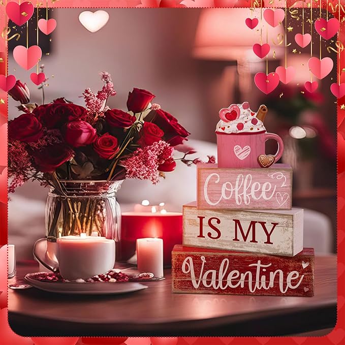 Lineshading 4 Pcs Valentine's Day Table Decor Wooden Cocoa Decoration Centerpiece Pink Heart Tiered Tray Decor Love Block Signs Gift Farmhouse Decoration for Valentine's Day Home Kitchen
