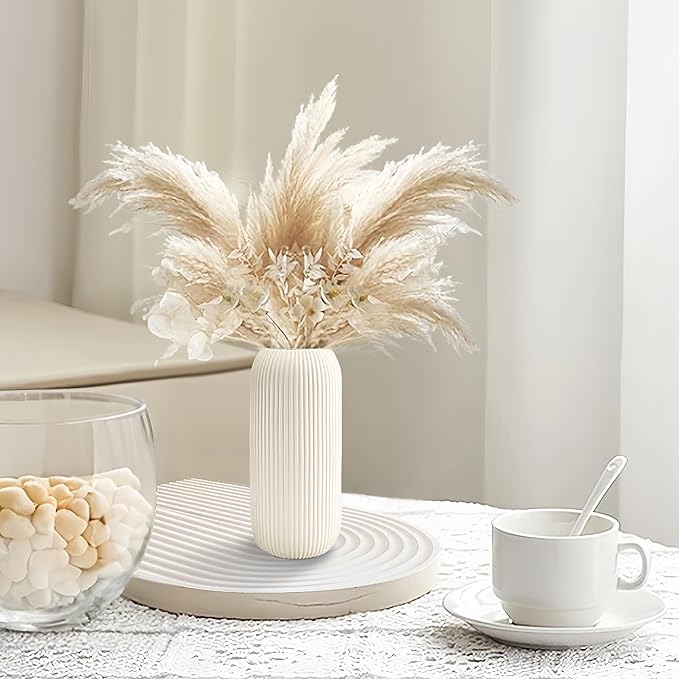 Ceramic Vase for Flowers – Modern Small Ribbed Textured Flower Vase for Home Decor, Pampas Grass, Decorative, Farmhouse, Coffee Table, Kitchen Centerpieces, Bookshelf and Home Living (XL White)