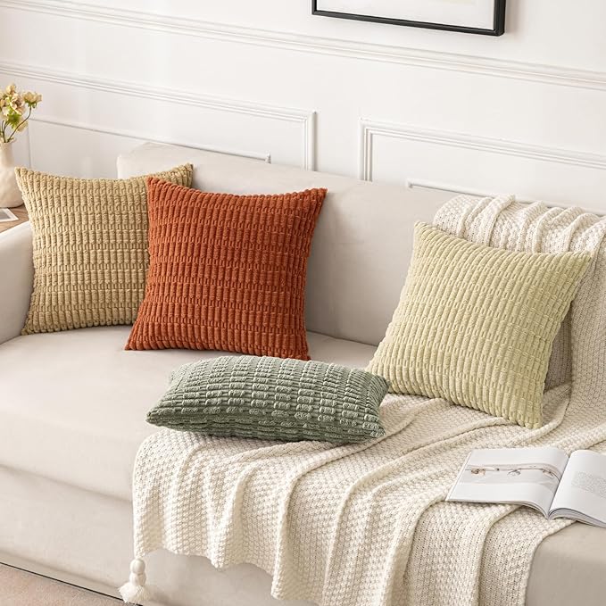 MIULEE Pack of 2 Corduroy Decorative Lumbar Throw Pillow Covers 20x12 Inch Soft Boho Striped Pillow Covers Modern Farmhouse Home Decor for Summer Sofa Living Room Couch Bed Light Olive Green