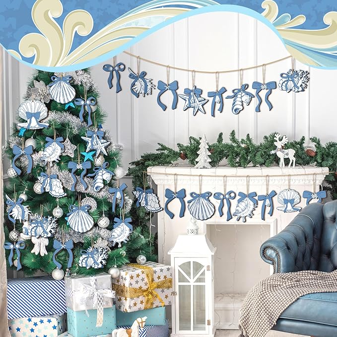 Suzile 36 Pcs Coastal Beach Wooden Ornaments Coquette Blue Bow Seashell Starfish Tree Decorations Ocean Nautical Wooden Cutouts with String Blue and White Summer Hanging Home Decorations for Party