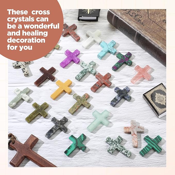 Nuenen 50 Pcs Cross Charm for Women Man Celebration Grad Decor Crystal Pocket Cross Necklace Natural Worry Stone Gift for Jewelry Making Craft Festival Decor(1.5 x 1.06 x 0.24 Inch,Lovely)