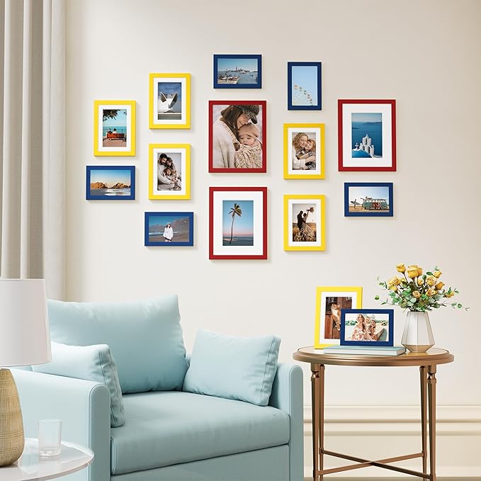 Vittanly 15 Pack Picture Frames Collage Wall Decor, Multi Sizes Including 3pcs 8x10, 6pcs 5x7 and 6pcs 4x6 Photo Frames, Gallery Frame Set for Wall or Tabletop Display, Red, Yellow and Blue