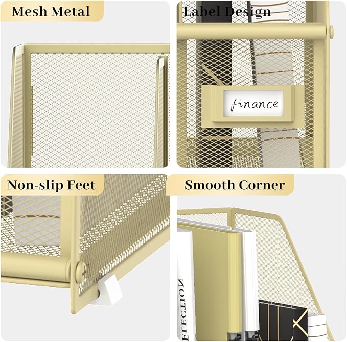 SUPEASY Desk Organizers Metal Desk Magazine File Holder with 5 Vertical Compartments Rack File Organizer for Office Desktop, Classroom, Home Workspace, Golden Yellow, Plus