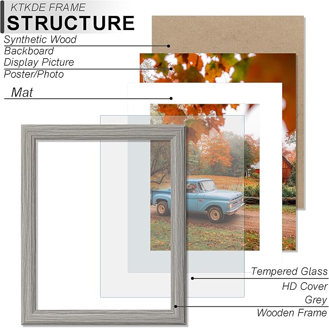 KTKDE 15x23 Picture Frame,Poster Frame Display Pictures 13 x 19 with Mat or 15x23 Without, Tempered Glass, 23 by 15 Gray Wooden Frame Wall Gallery Photo Frame best gift