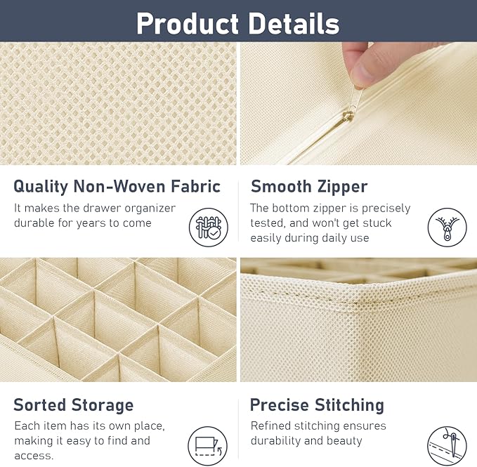 DIMJ Sock Organizer Drawer Organizer - Closet Organization and Storage, Underwear Drawer Organizer for Storing Socks, Handkerchiefs, Ties, Belts, Beige