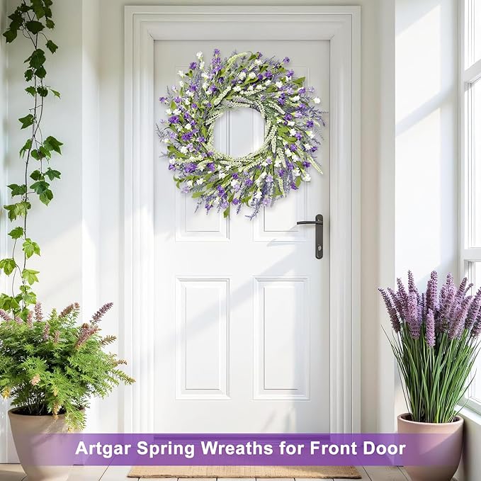 Artgar 26 Inch Spring Wreaths for Front Door, Spring Summer Lavender Paper Flower Wreaths for Home Farmhouse Windows Walls Porch Wedding Indoor Outdoor Decor for All Seasons (Purple)