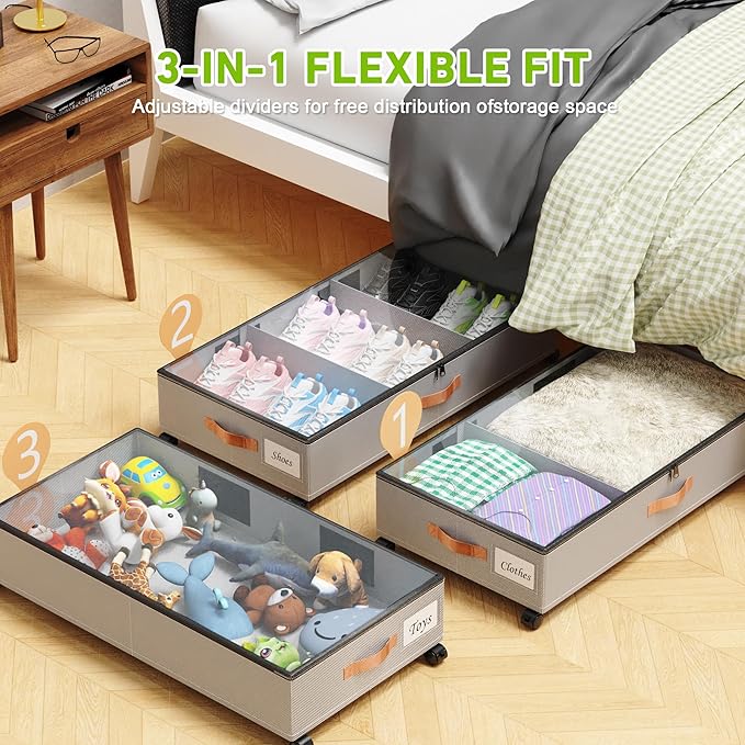 Under Bed Storage with Wheels, 2-Pack Under Bed Storage Containers with Clear Lids, XXL 65L Under the bed storage Organizer Bins, Rolling Under Bed Metal Drawer for Clothes,Shoes,Toys (gray)