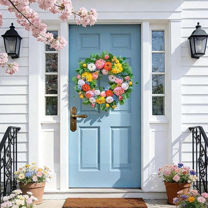 Pinkpuii Spring Wreaths for Front Door 24 Inch Vibrant Spring Summer Wreath with Peonies,Roses,Marigolds,Blueberries & Realistic Fruit Accents (Peach, Lemon)- Ideal for Porch,Entryway,Wall,Window