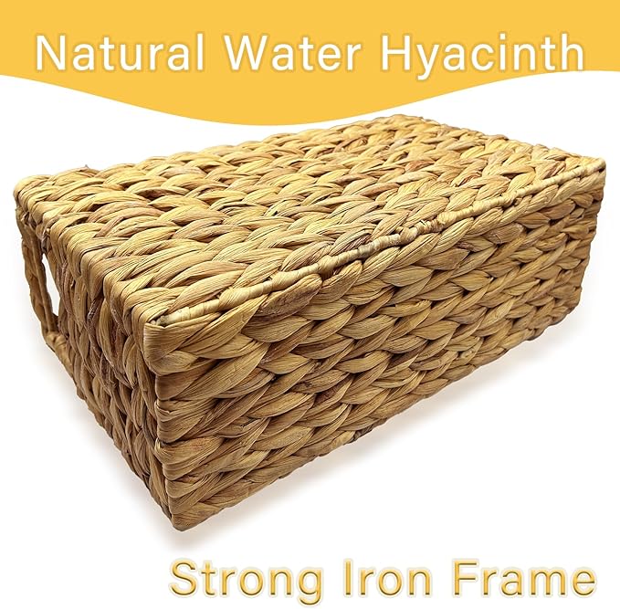 Hand-Woven Magazine Holder, Natural Magazine Basket Rack Water Hyacinth Narrow Basket Bin 15.5 x 5.75 x 9.5 Inch Magazine Wicker Basket for Storage, Bathroom, Office, Desk