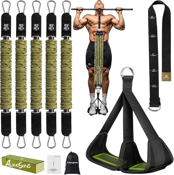 Pull Up Assistance Bands with Foot Support Pedal - Upgraded Heavy Duty Resistance Bands Adjustable Weight/Height with 80Lbs Bands&Measured Strap for Strength Training Home Gym