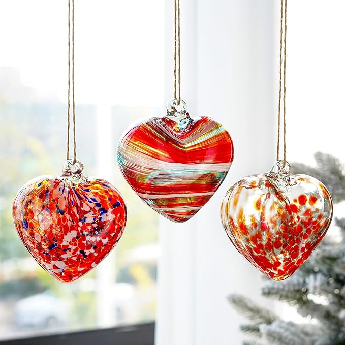 4inch Hand Blown Glass Red Heart Ornaments Hanging Friendship Hearts for Patio Garden Outdoor Decor Unique Gift Valentine's Day Decorations for Lover