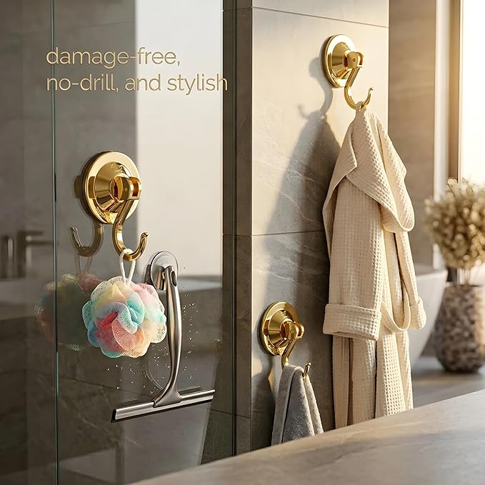 Powerful Suction Cup Hooks, Lightweight Vacuum Wreath Hanger for Glass Door & Window, 20 lbs Large Waterproof Towel Hooks for Bathroom Shower, Removable No-Drill Utility Hooks, Gold Chrome