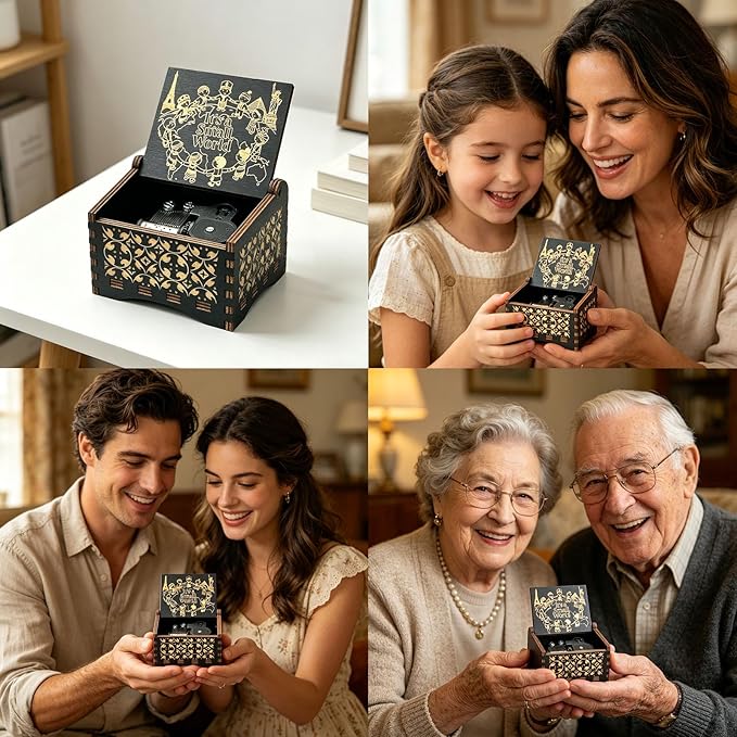 Pursuestar Black Wooden Wind Up Music Box - It's a Small World, Vintage Engraved Wood Mechanism Musical Gifts for Anniversary Mother's Day Valentine's Day Christmas Thanksgiving Birthday