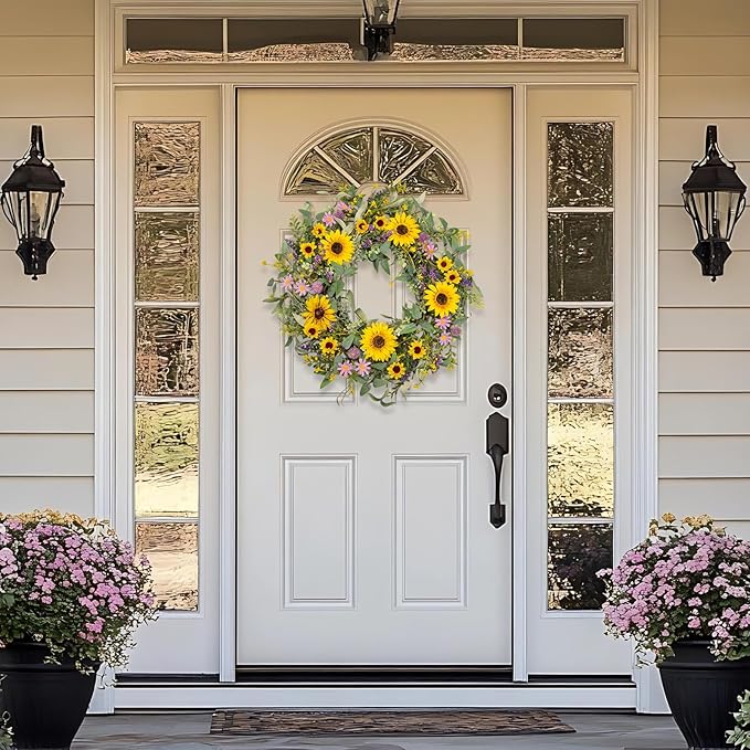 22 Inch Sunflower Wreaths for Front Door, Spring Summer Floral Wreath with Sunflowers, Purple Wildflowers and Lavender, Mixed Greenery for Indoor Outdoor Porch Wall Wedding Farmhouse Decor