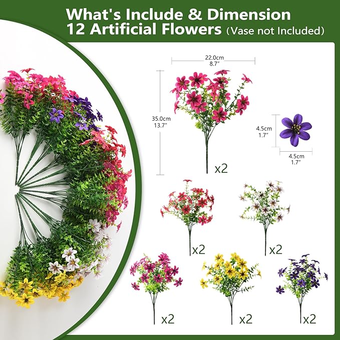 Artificial Flowers for Outdoor Faux Flower Spring Decoration, 12 Bundles Fake Plants Silk Daisy Bulk UV Resistant Realistic for Outside Porch Patio Balcony Planter Yard Garden Home Decor(Mixed 2)