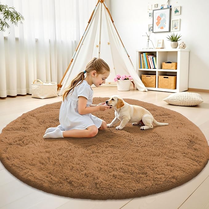 OLANLY Khaki Round Rugs for Bedroom - Machine Washable, 9 ft Circle Area Rugs for Living Room, Soft and Fluffy Shaggy Carpet for Teen Girl and Boys, Nursery Rooms, Dorms, Home Decor Aesthetic