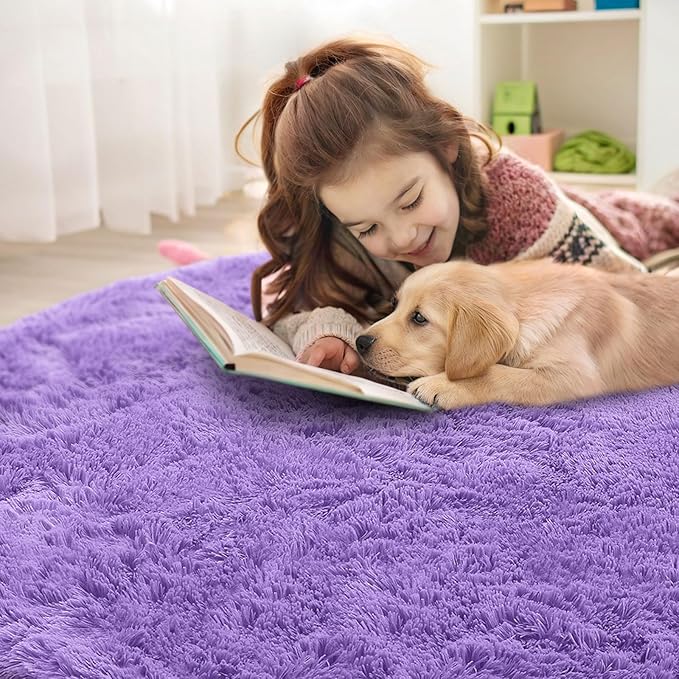 OLANLY Purple Round Rugs for Bedroom - Machine Washable, 9 ft Circle Area Rugs for Living Room, Soft and Fluffy Shaggy Carpet for Teen Girls and Boys, Nursery Rooms, Dorms, Home Decor Aesthetic