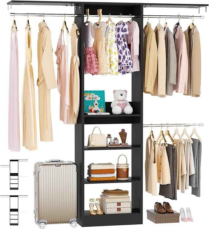 48" Closet Organizer System, 4FT Closet System for Small Closets with 4 Hanging Rods & 3 Shelves, 80"H Small Closet Organizers and Storage for Bedrooms, Cloakrooms, Black