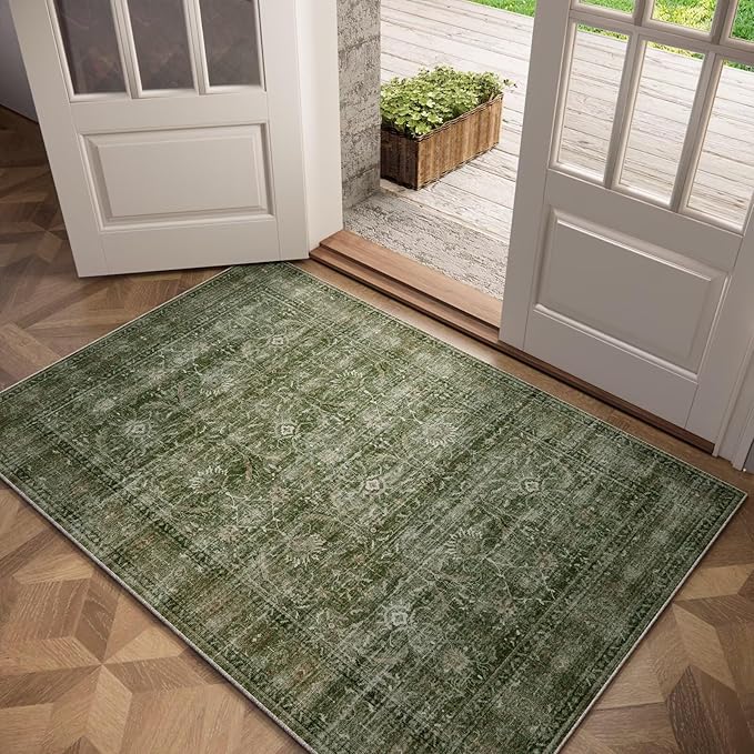 Washable 3x5 Entryway Rug, Boho Non-Slip Vintage Distress Small Rugs for Kitchen Nursery Office Bedroom, 0.3" Neutral Oriental Throw Thin Carpet with Cushioning Pad, Grass Green/Multi