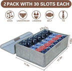 PINGMIC Gray Sock Organizer Divider 2 Pack with Lid - 30 Cell Foldable Closet Storage, Tie Organizer For Men Boxes for Socks, Ties, Belts