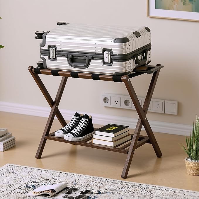 Bamboo Luggage Rack with Shoe Shelf Folding Suitcase Stand with 5 Heavy-Duty Straps for Guest Room Living Room Hotel Ideal Luggage Holder for Suitcases Bags Shoes,Walnut Brown