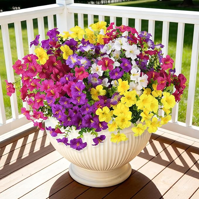 Artificial Fake Petunias Flowers for Outdoors Spring Decoration, 12 Bundles Faux Flower Plants UV Resistant Realistic Silk Flower for Outside Planters Patio Porch Yard Window Box (6 Mix Colors)