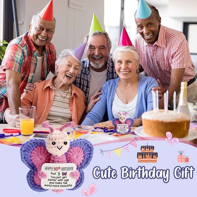 90th Birthday Gifts for Women, Tiny Crochet Butterfly Plush with Pink Purple Wings Holding Positive Note, Happy 90th Birthday Decoration & Gift for 80 Year Old Women