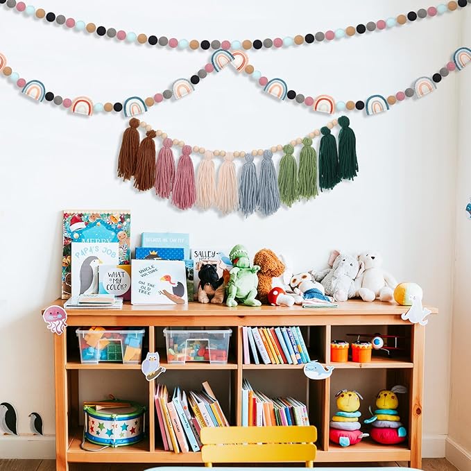 Hahafelt 4 Pcs Sage Green Boho Tassel Garland Wood Bead Tassel Garland Colorful Felt Rainbow Pom Pom Banner Nursery Room Holiday Decoration Retro Wall Hanging Bunting Banner for Home Bedroom Decor