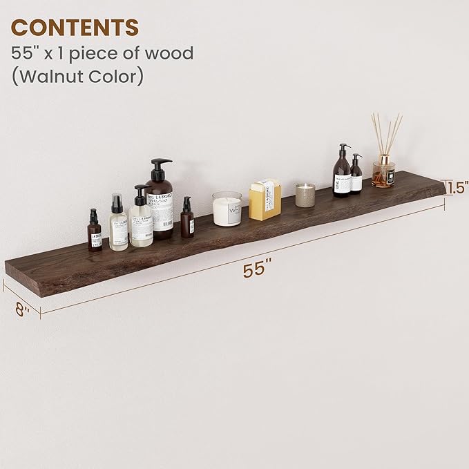 FLYJOE Floating Shelves for Wall Decor, Rustic Solid Elm Wood Live Edge Floating Shelves Wall Mounted, Wall Shelves with Invisible Bracket for Living Room Bathroom Bedroom Kitchen, 55 Inch, Walnut
