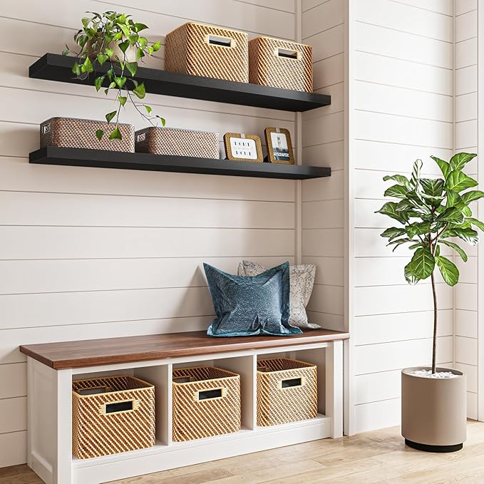 Fixwal Floating Shelves for Wall, 47.2" Long Heavy Duty Wall Mounted Rustic Wood Shelves for Living Room, Bedroom, Bathroom and Kitchen, Wall Shelves for Storage, Books, Room Decor (Black, Set of 2)