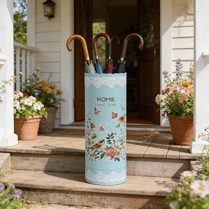 Vintage Metal Umbrella Holder Rustic Round Umbrella Stand Entryway Decorative Organizer Bucket for Home/Office/Farmhouse - Holds Multiple Umbrellas Canes & Walking Sticks (Blue)