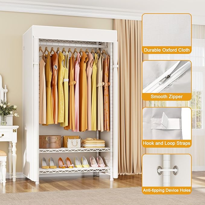 H5C Clothes Rack with Cover, Portable Closet for Hanging Clothes, Covered Clothing Racks Heavy Duty, Freestanding Garment Racks with Shelves Max Load 360LBS White Closet Rack with White Cover