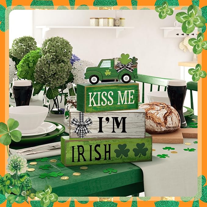 Yuntau 4 Pcs St Patricks Day Decorations Lucky Shamrock Wooden Sign Truck Table Centerpiece St Patricks Day Tiered Tray Decor Decorative Faux Book Stack Block for Fireplace Mantel Floating Shelf