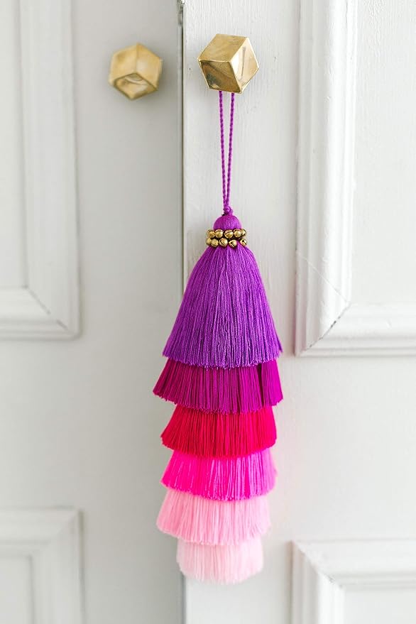 Tassellini Multi-Colored Layered Large Cotton Tassel with Hanging Loop for Furniture Décor, Home or Handbag Accessory (Purple)