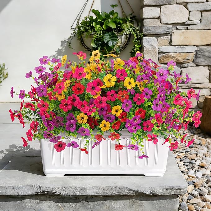 24 Bundles Artificial Flowers,Faux Plants for Spring Summer Decoration, UV Resistant Colorful Violets Eucalyptus for Outside Home Planter Porch Patio Yard Decor