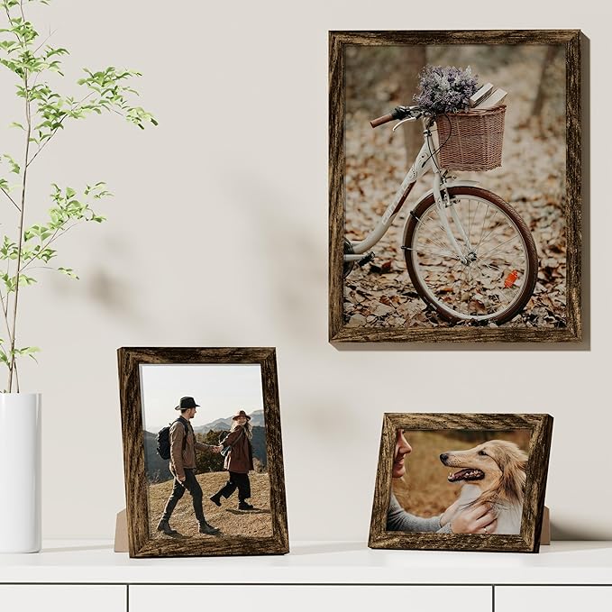 Vittanly 11x14 Picture Frames Set of 9, Shatter Resistant Plexiglass, Display 8x10 Pictures with Mat or 11x14 without Mat, Photo Frames for Wall or Tabletop, Engineered Wood, Brown