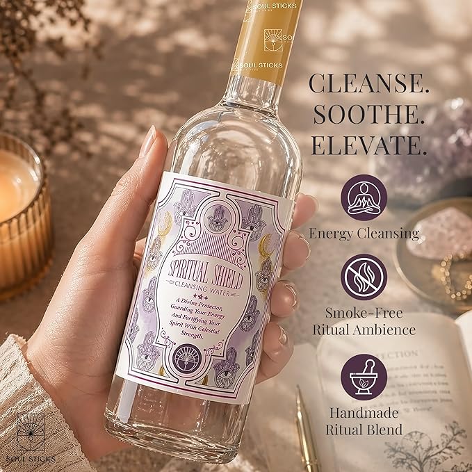 SOUL STICKS Cleansing Water 7.5 oz. Bottle for Rituals, Clearing Negative Energy and Purifying Home Spiritual Florida Water Area Deodorizer (Spiritual Shield)