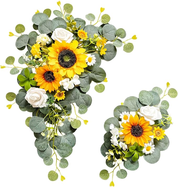 Odouzy Artificial Wedding Arch Flowers for Wedding Sign,Set of 2 for Welcome Ceremony Sign,Faux Floral Swags,Banquet and Reception Backdrop Floral Decoration (Green&Sunflower)