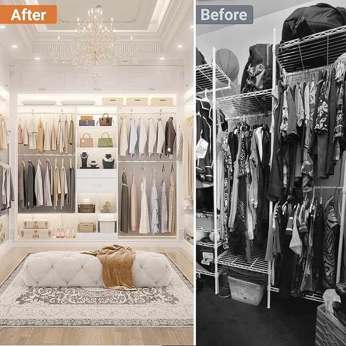 Closet System - 8FT Closet Organizer System with Wooden Drawers, 96" Closet Systems for Walk-In Closets with Cuttable Hanging Shelving, White