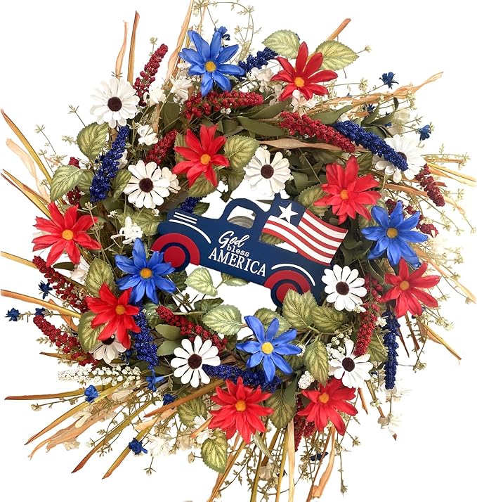 Idyllic 20Inch 4th of July Wreath Patriotic Independence Wreath for Front Door, Red White and Blue Daisy for Memorial Day Independence Day Veterans Day Front Door Decoration