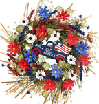 Idyllic 20Inch 4th of July Wreath Patriotic Independence Wreath for Front Door, Red White and Blue Daisy for Memorial Day Independence Day Veterans Day Front Door Decoration