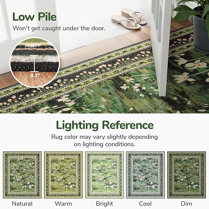Lessymo Dark Green 5x7 Floral Rugs for Living Room, Soft Washable Area Rug Non-Slip for Dining Room, Impressionist-Style Vintage Carpet, Cottagecore Bedroom Nursery Office Decor