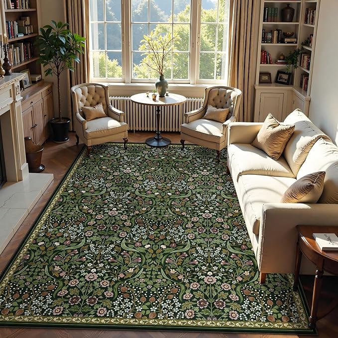Moynesa Floral 9x12 Area Rug, Green Washable Living Room Rug, Boho Large Dining Room Rug, Non Slip Ultra Thin Botanical Soft Floor Carpet for Bedroom Home Office Farmhouse, Green