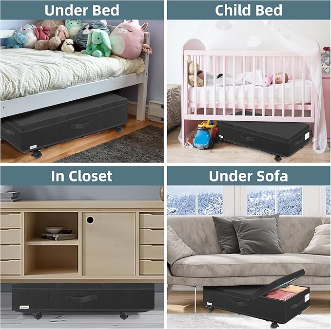 Under Bed Storage with Wheels, Rolling Underbed Storage Containers with Lids, Under Bed Shoe Storage Bins Organizer with Reinforced Metal Bottom Support and Three Handles